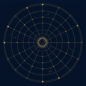 Gouden celestial mandala met zon, maan en sterren op donkerblauwe achtergrond