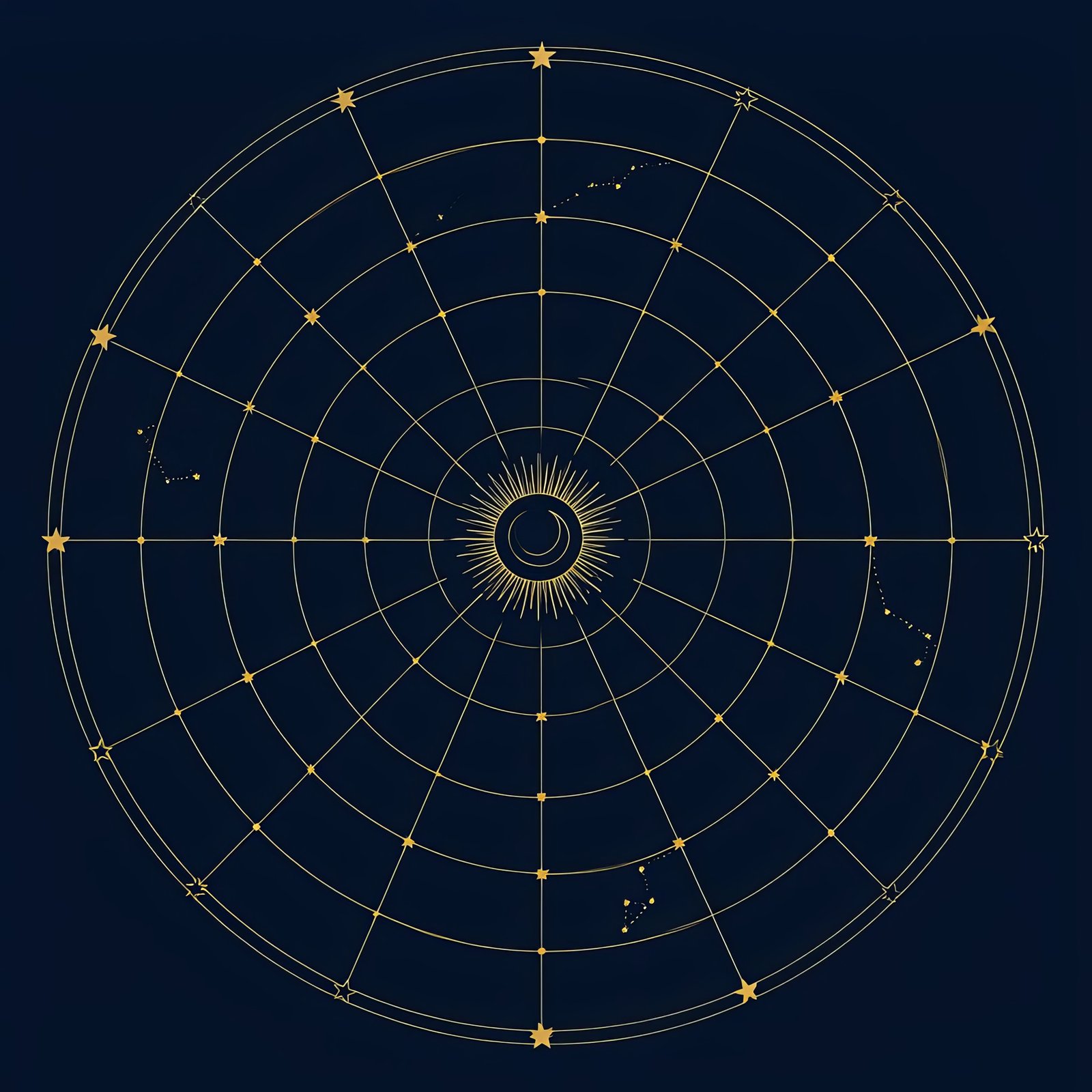 Gouden celestial mandala met zon, maan en sterren op donkerblauwe achtergrond