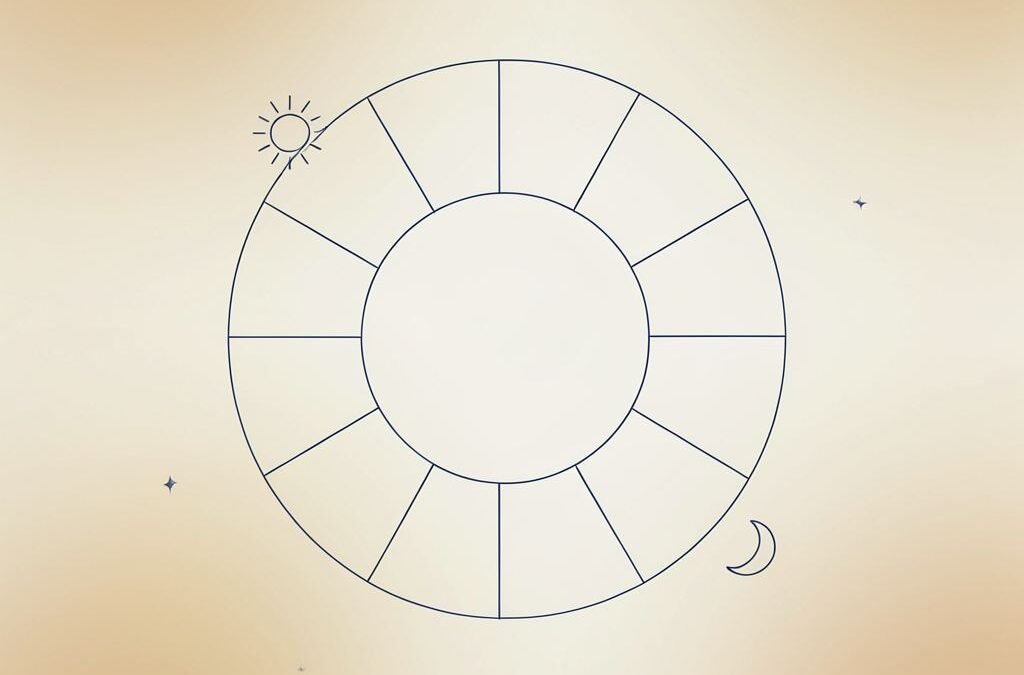 Minimalistische illustratie van een leeg geboortekaart wiel met zon, maan en sterren